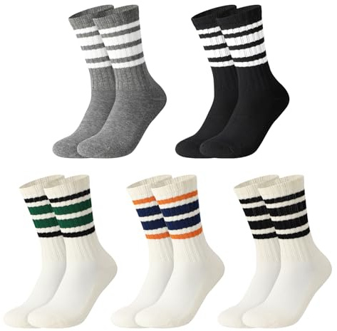 Zuimei 5 Pairs Striped Crew Socks Multipack Cotton Sports Running Socks for Men Women Size, Soft Athletic Socks Breathable Socks for Work School Casual Walking Size 5-8