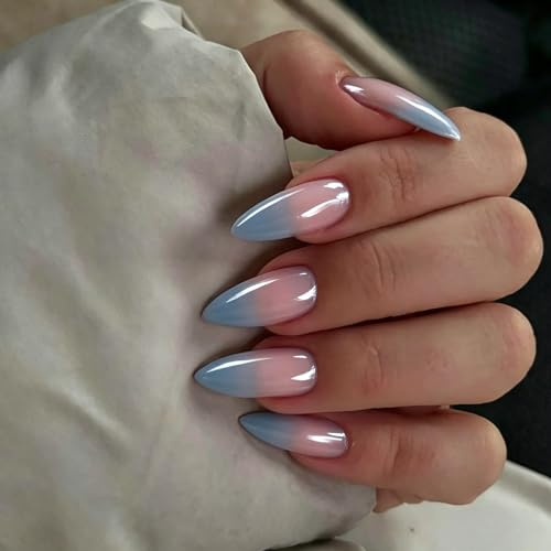 SXVME Chrome French Press on Nails Almond Medium, Glazed Ombre Dusty Blue False Nails with a Velvet Mirror Finish, Gradient Fake Nails Press ons, Stiletto Acrylic Stick on Nails for Women 24 Pcs