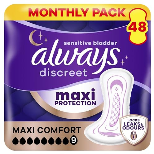 Always Discreet Maxi Comfort Incontinence Pads Women, Absorbency 9, 48 Pads, Extra Secure Bladder Weakness Pads for Sensitive Bladder, Odour Lock