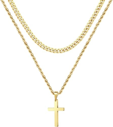SEFORICO Mens Cross Necklace - 2pcs Christian Necklace for Men Birthday Gifts for Boys/Son Cuban Chain with Cross Pendant Baptism Gift Anniversary Presents for Boyfriend 42.5+45.5cm