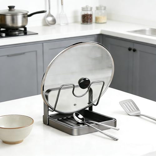 tugkew 304 Stainless Steel Kitchen Pot Lid Storage Rack, Pot Lid Holder while Cooking, Pot Lid Organizer with Removable Tray & Spoon Rest,Waterproof & Rustproof(Grey, 1 Layer)
