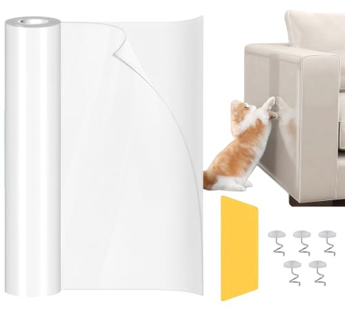 AMFUN Protezione Divano Graffi Gatto 45cm x 5m, Nastro Adesivo Antigraffio Gatto Trasparente, PVC Anti-Graffio Protector per Divano, Poltrona, Porta e Parete