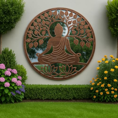 Handmade Buddha Wall Art with Tree of Life, Bronze with Black Touch Metal Plaque, 60cm Round, Acrylic Mirror, Powder Coated Steel, Indoor and Garden Decor