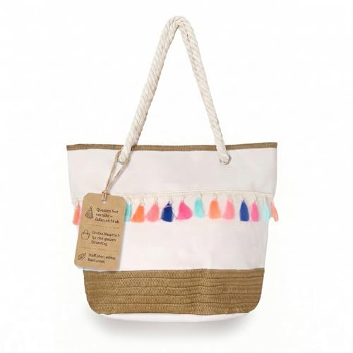 Sonia Originelli Strandtasche XXL mit Quasten in Beige, Boho Shopper aus Stoff und Bast, große Schultertasche für Strand und Pool