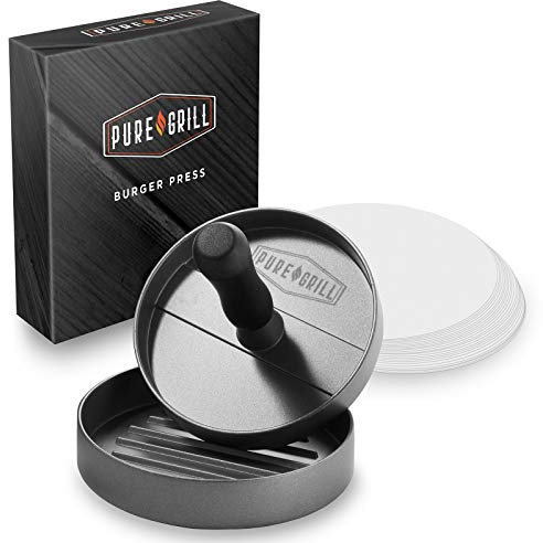 Pure Grill Burger Press - Aluminum BBQ Patty Maker Mold with 100 Wax Papers for Grilling Hamburger Patties