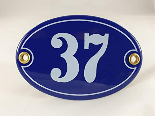 Emaille Hausnummer Schild Nr. 37, oval, Blau-Weiß mit Schrauben und Dübel Handarbeit
