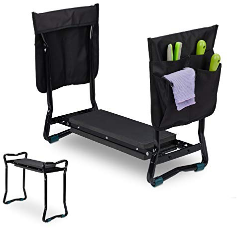 Relaxdays Banco de Rodillas Jardín, Plegable, 150 kg, Incluye 2 Bolsillos, Taburete Apoyarodillas, 50x60x27,5 cm, Negro