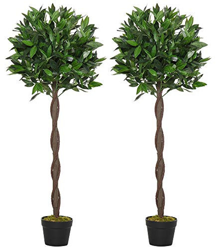 Outsunny Artificial Bay Laurel Topiary Trees w/Pot Fake, Set Of 2 120cm/4FT Indoor Outdoor Greenery Plant Home Office Garden Decor Green