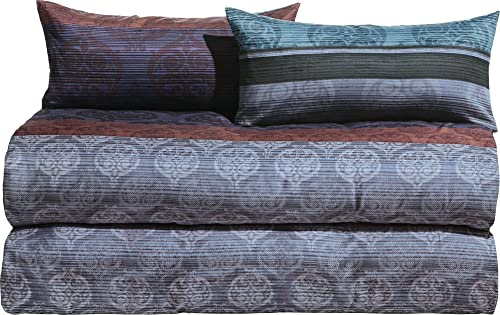 Erwin Müller Bettwäsche, Bettgarnitur 4-TLG. Sparpaket Mako-Satin Ornamente blau-braun-violett Größe 40x80 cm / 135x200 cm - feinste Baumwolle, angenehmes Schlafklima, mit Reißverschluss