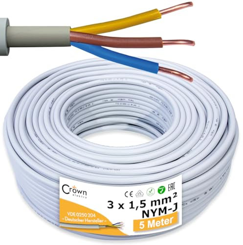 NYM-J 3x1,5mm² Kabel 5m | Feuchtraumkabel für 300V/500V | Elektrokabel 3-Adrig mit PVC Mantel | Ø1,5mm² Stromkabel für Elektroinstallation in Hellgrau | Kabellänge am Stück