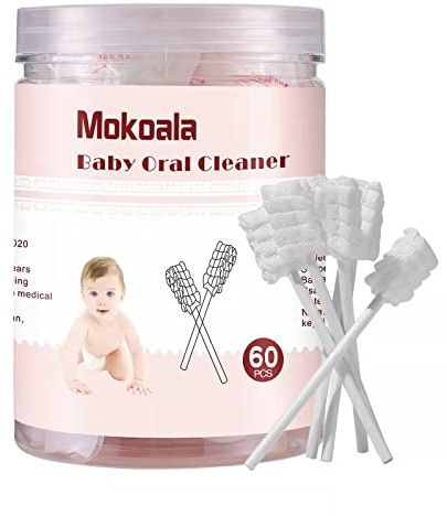 Mokoala 60Pcs Baby Tongue Cleaner, Baby Toothbrush, Disposable Infant Mouth Cleaner, Soft Gauze Toohthbrush Toddler Oral Cleaning Stick Dental Care for 0-36 Month Newborn