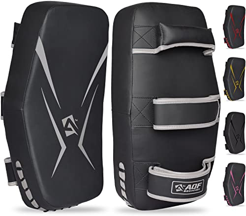 AQF Thai Pads für Kickboxen Muay Thai Pad mit festem Griff, Maya Leder Gebogene Strike Schild für Boxen MMA Kampfsport Taekwondo, Training Sport (Paar, Silber)