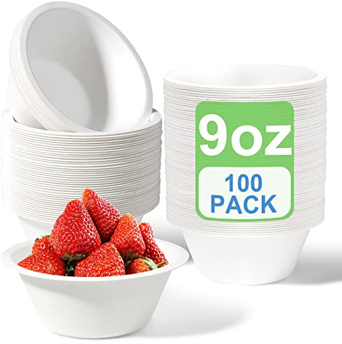 GREENESAGE 100 Pack Paper Bowls Disposable Bowls 9oz - Eco-Friendly, Sugarcane Strong White Bowls 100% Biodegradable and Compostable Soup Bowls for Party BBQ Picnic | Strong & eco-friendly, compostable & biodegradable, for parties BBQs picnics