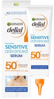 Garnier Delial Sensitive Advanced Sérum Solar Corporal Muy Alta Protección FPS 50+. Con [Ceramida] para reforzar la barrera de la piel. Para pieles claras, sensibles e intolerantes al sol. 125 ml