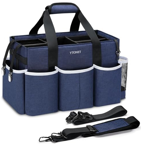 Ytonet Cleaning Bag, Cleaning Caddy Bag with Foldable Dividers | Water Resistance, Multiple Pockets, Adjustable Shoulder Strap and Waist Belt, For Cleaners and Housekeepers, Blue