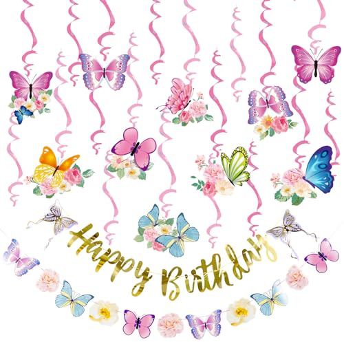 SUNBEAUTY Butterfly Party Decorations Butterfly Paper Flowers Hanging Swirl Decor DIY Pink and Purple Party Banner for Women Girls Children Spring Summer Birthday Decoration