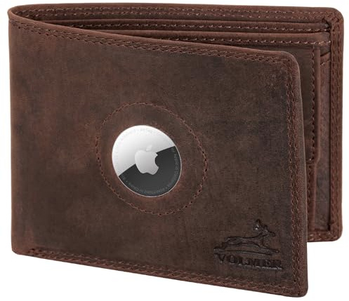 Fa.Volmer ® Leder Geldbörse Herren mit RFID-Schutz - AirTag-Fach - extra-stabile Doppelnaht - 6 Fächer für Kreditkarten - Querformat - (Brown Hunter Airtag)