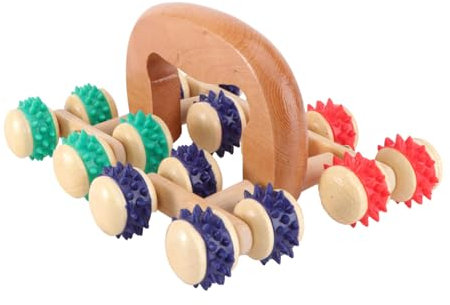 FRCOLOR Wooden Full Body Roller Massager 16 Wheels Handheld Rolling Body Massager for Muscle Pain Relief and Meridian Therapy at Home or Office Random Color