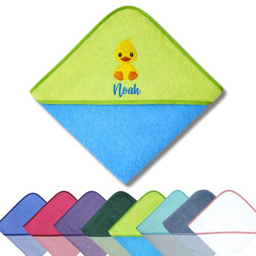 Generisch Kapuzenhandtuch Baby Bestickt personalisiert – Küken-Motiv & Name – 100x100 cm – Baumwolle – Geschenk zur Geburt & Taufe – Babyhandtuch mit Kapuze – WÖRNER
