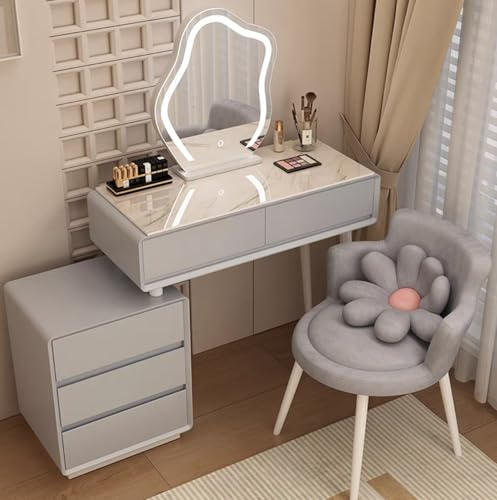 Toeletta Trucco con Sgabello,Scrivania da Trucco con Specchio e Luci,Tavolino da Toilette per Camera da Letto,Armadietto e Sgabello Imbottito,con Specchio Illuminato a 3 Colori(Light gray,80.4x40x78cm