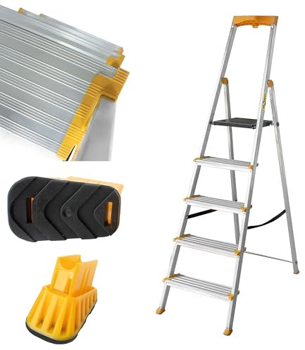 DRABEST Trittleiter 5 Stufen Klappbar - Alu Leiter - Stabiler Klappleiter mit Ablage und Breiten Stufen - 120 mm, rutschfest - Leiter für Hausgebrauch und Arbeit - bis 150kg