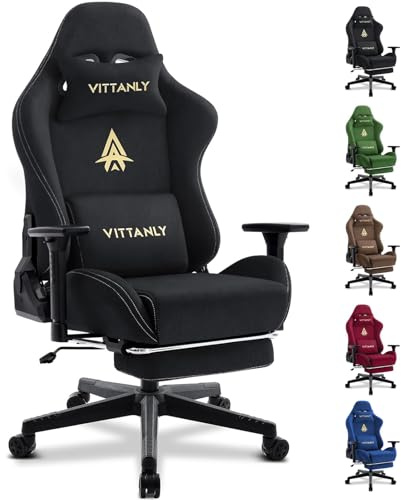 Vittanly Gamingstol, lyxig mockaimitation, spelstol, kontorsstol, ergonomisk skrivbordsstol med fotstöd, nackstöd och ländryggskudde, 3D-armstöd, 90–155° ryggstöd, svart