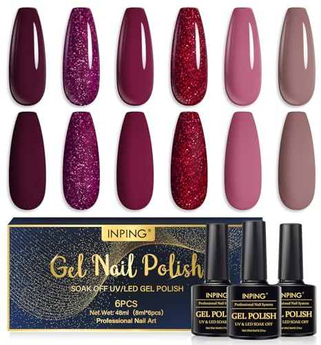 INPING UV Nagellack Dunkelviolett Rot 6 Farben Gel Gelnägel Nagellack 8ML | Dunkelrot Rot Dunkelrosa Braun Dunkelviolett Glitzer Gel Nagellack Gel Polish für Frauen Home DIY Maniküre Nagelsalon