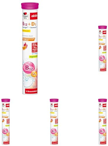 Doppelherz Vitamin B12 + D3 - Hochdosiert mit 300 μg Vitamin B12 und 800 I.E. Vitamin D3 für eine normalen Funktion des Immunsystems - 15 Brausetabletten (Packung mit 5)