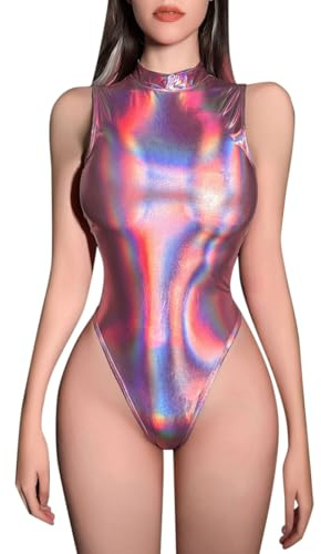 Body pour femme avec col roulé, clubwear, sans manches, transparent, combinaison en polaire, Rose, XL