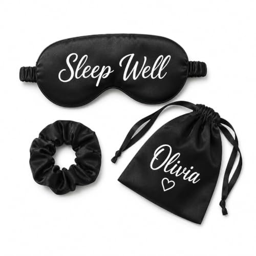 Individuelle Schlafmaske, personalisierte Seiden-Augendeckung, Augenschutz, weicher Satin-Augenbinde, elastischer Riemen, nächtliche Augenabdeckung, reisegeeignete Schlafmaske für Frauen (Schwarz)