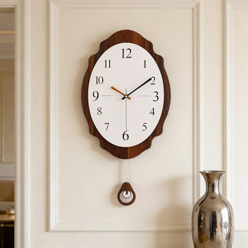 Coslife Vintage Swing Wall Clock with White Dial & Walnut Frame - Silent Acrylic Pendulum Design for Modern Home Decor (15.7in*15.7in)
