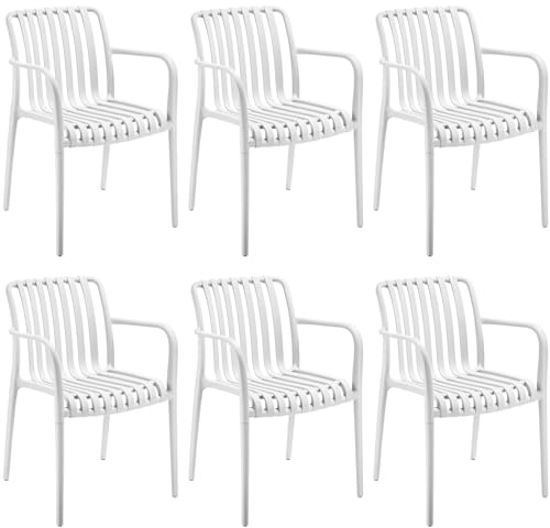tectake® Set da 6 sedie da giardino impilabili, sedia giardino esterno in plastica con braccioli, max 120 kg, sedie da esterno e terrazzo in polipropilene, resistenti alle intemperie - Bianco
