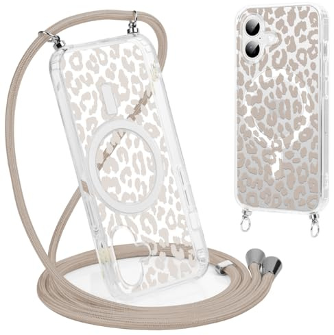 Coalbooliy Handykette Handyhülle für iPhone 16 Hülle 6,1 mit Band Cover Kompatibel mit Magsafe, Transparent Aesthetic Leopard Muster Cover mit Kordel zum umhängen Case Kameraschutz Stoßfest, 01