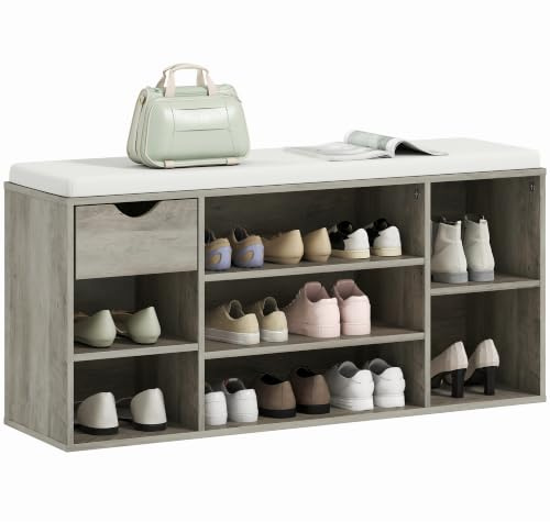 HOMCOM Shoe Bench, Shoe Rack, Seat Cushion, Storage Cabinet, Drawer, Grey | 7 Compartments, Adjustable Shelves, Entryway Hallway Living Room