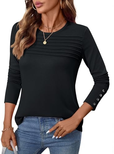 Kistore Langarmshirt Damen Elegant Bluse Mit Rundhals Langarm Knopf Hoch Oberteile Lässige Longbluse Leicht Bequemes Volltonfarbe Tops Herbst Blusenshirt (Schwarz,M)
