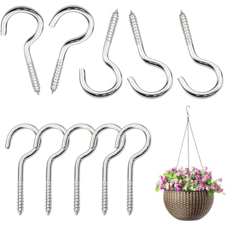 Jiakalamo Screw in Hooks, 10pcs Stainless Steel Plant Hook Ceiling Hooks Heavy Duty for Bathroom Kitchen Garden Hanging(Sliver,M5x65mm)