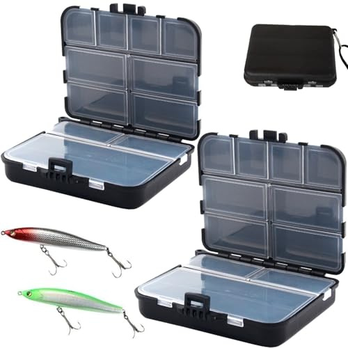 WUBAYI Paquete de 2 cajas de aparejos de doble capa, caja de almacenamiento de pesca con 12 compartimentos con asa y separadores ajustables, organizador de accesorios de pesca para cebo