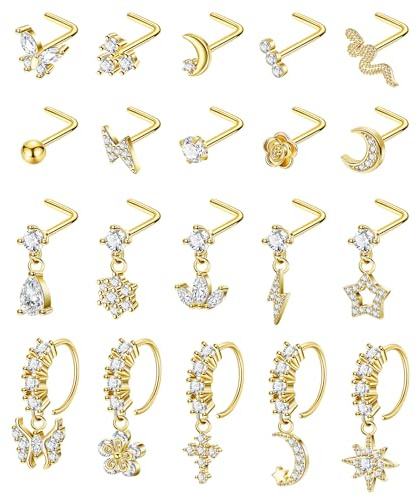 SOMEITIA 20PCS 20G Surgical Steel Dangle Nose Rings for Women L Shaped Nose Studs Dangling Nose Rings Hoops CZ Flower Butterfly Moon Nose Piercing Jewelry Gold