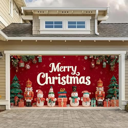 HOMETITUTE Merry Christmas Garage Door Banner 13x6ft Nutcracker Snowman Scene Holiday Party Decorations Porch Hanging Backdrop Indoor Outdoor Wall Background Decor Festive Season Display