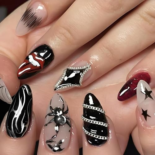 LunarCharm 24 Stück Press on Nägel, mittelgroße mandelförmige Kunstnägel, Spinnen-Design, Acrylnägel, vollständige Abdeckung, Jelly-Press-on-Nägel für Halloween