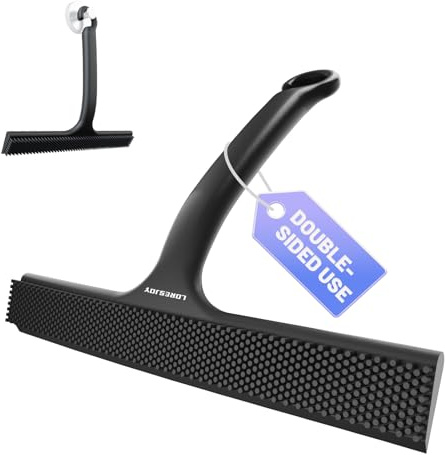 LORESJOY Shower Squeegee for Shower Glass Door Bathroom Accessories, Dual Head Wiper Cleans Water & Hair, Silicone Blade, Non-Slip Long Handle, Glass Window Door Wall Tile Cleaner