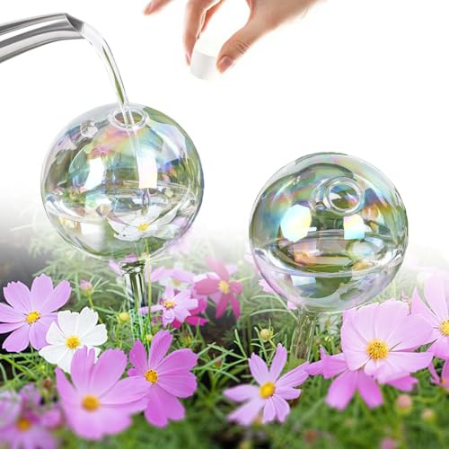 shallyong 2 Pezzi Globi di Irrigazione in Vetro, Sistema di Irrigazione Automatico per Piante D'appartamento, Piante in Vaso, Decorazione D'interni e Giardino (Bolle Iridescente)