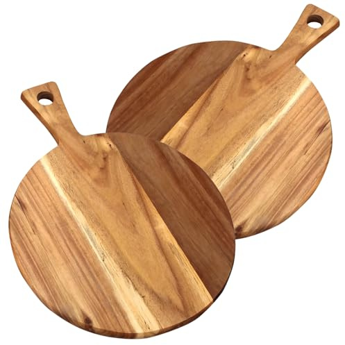 YuLiMirich 2 Stück 40 cm Pizzateller Holz, Rund Pizzabrett Holz, Pizza Teller Gross Schneidebrett mit Griff, Pizza Zubehör zu Hause, Pizza Teller für Pizza, Foccacia oder Brot