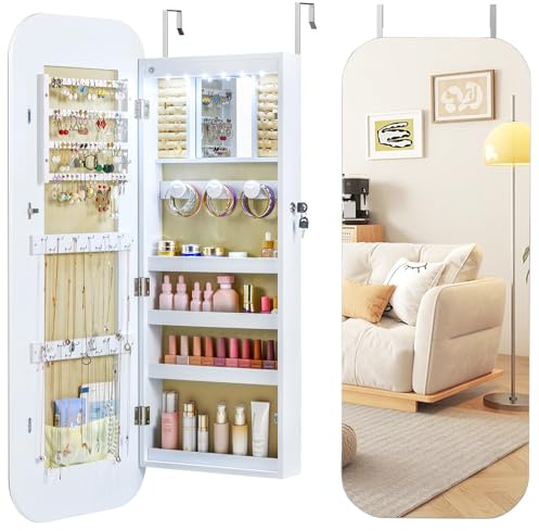 RELAX4LIFE Armoire à Bijoux, Miroir Mural Élargi avec Rangement Bijoux, 6 Lumières LED, Design Courbe, Organisateur de Bijoux Verrouillable, Montage Mural/sur Porte, Épaisseur 10 CM Gain de Place
