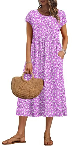 AUSELILY Women's Summer Short Sleeve Midi Dresses Loose Dress with Pockets | Cap Sleeves, A-line, Empire Wasit, Shift Long Dress