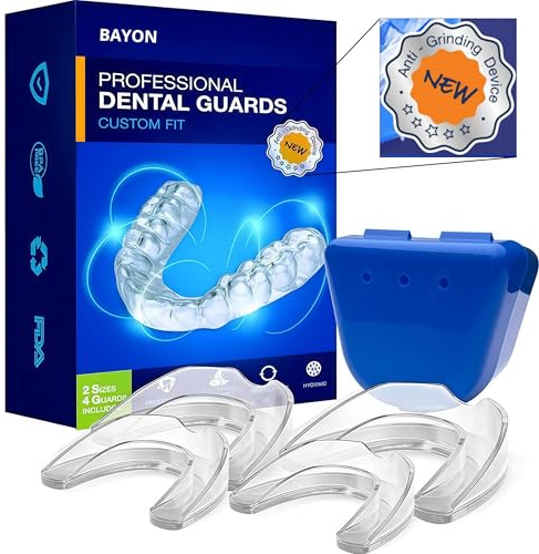 BAYON Férula Descarga Bruxismo Dental Noche – Pack 4 Unidades (2 Pequeñas + 2 Grandes) – Protector Bucal para Dormir – Férula Dental Anti Bruxismo Ajustable y Reutilizable