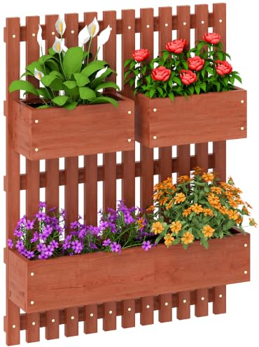 Outsunny Jardinera de Pared con Enrejado 3 Macetas 60x16x80 cm Marrón | Jardinera Exterior Grande de Madera, Macetas Móviles, Orificio de Drenaje, para Exterior, Jardín, Terraza, Patio