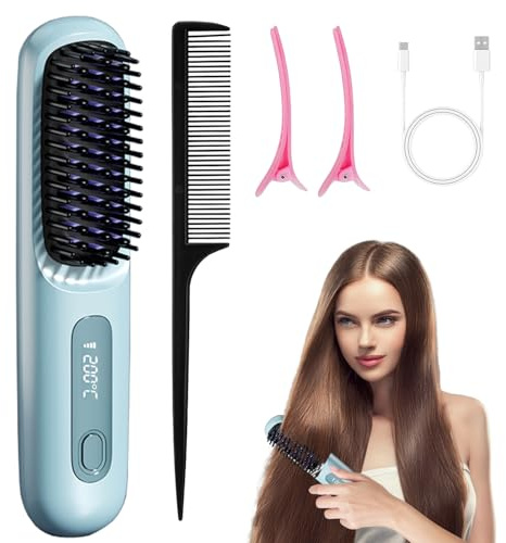Mini-Haarkamm,Glättbürste Kabellos, 2026 Neu Haarglätter Bürste, Tragbare Bürste Glätten, Kabellose Glättbürste, HaargläTter Bü-Rste Ka-bellos 160°C-200°C Mit Led Anzeige Und 3 Temperatureinstellung