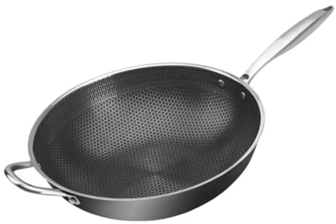ULTECHNOVO Padella Wok in Acciaio Inox Doppio Manico 34 CM per Fornello a Gas e Griglia per Verdure e Carne Facile da Pulire