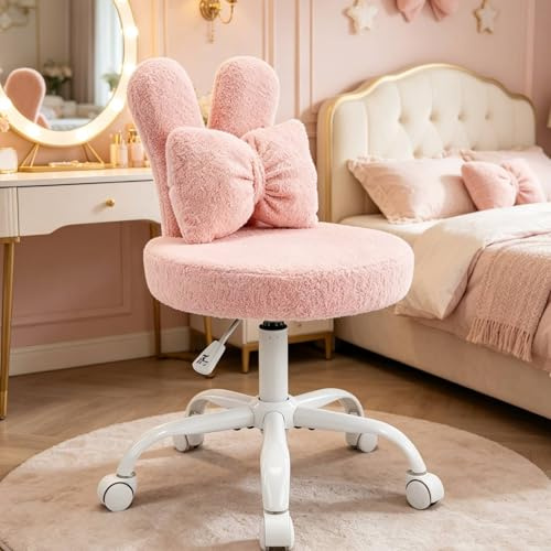 LEADZM Homeoffice Stuhl, Schminkstuhl, Kinder Schreibtischstuhl Weiß | für Kinderzimmer kinderschreibtischstuhl Jungendstuhl ohne Armlehne Drehstuhl für Kinder,Teddyplüschstoff